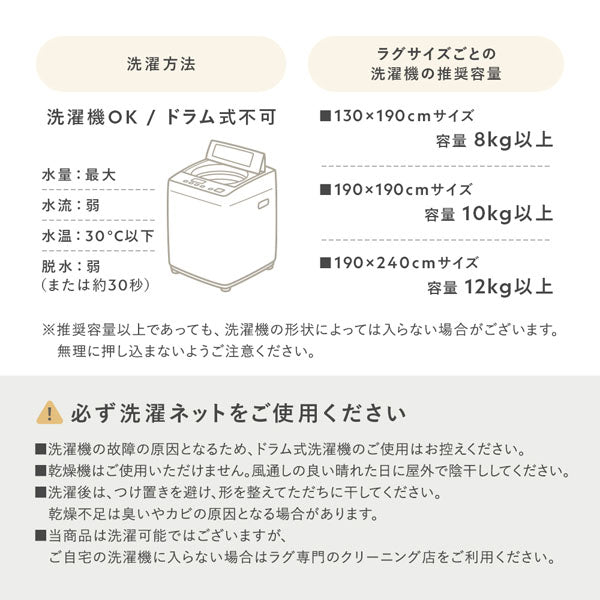 洗濯方法・ラグサイズごとの洗濯機の推奨容量