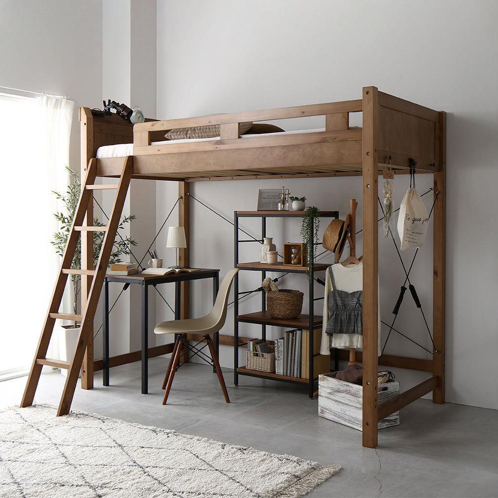 高さが選べる 木製ロフトベッド ハイタイプ ミドルブラウン
