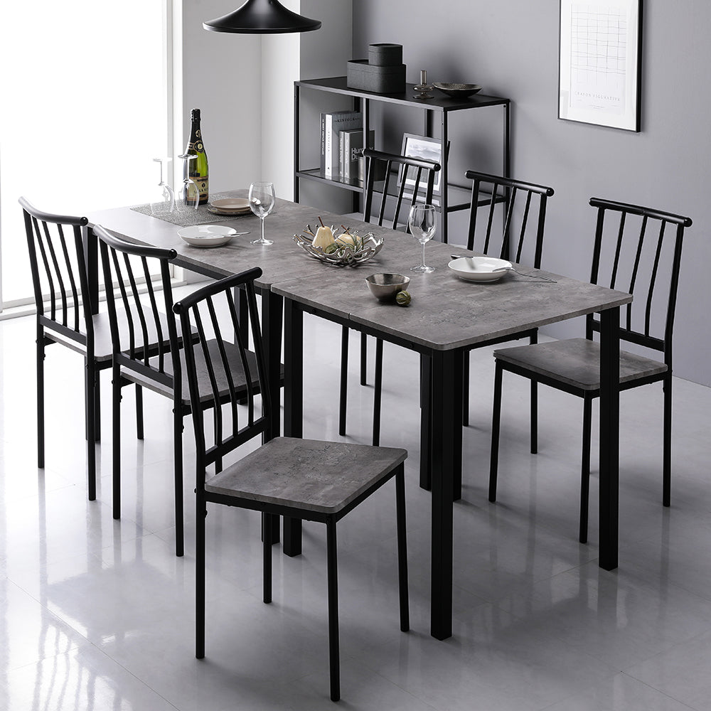 6人掛けダイニングセット(テーブル+パイプデザインチェア)ストーン×ブラック