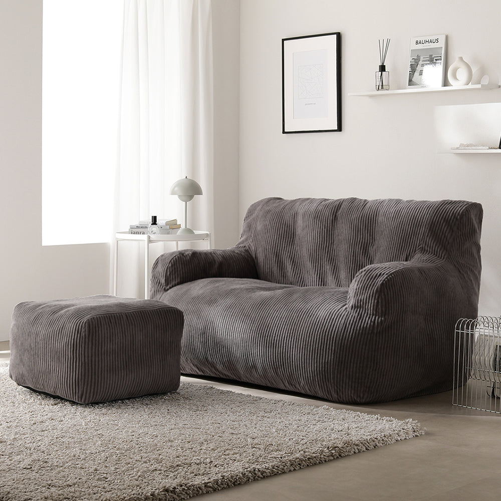 ウレタンクッションソファ 『Cloofy クルーフィ』 2人掛け+オットマンセット コーデュロイ生地 チャコールグレー
