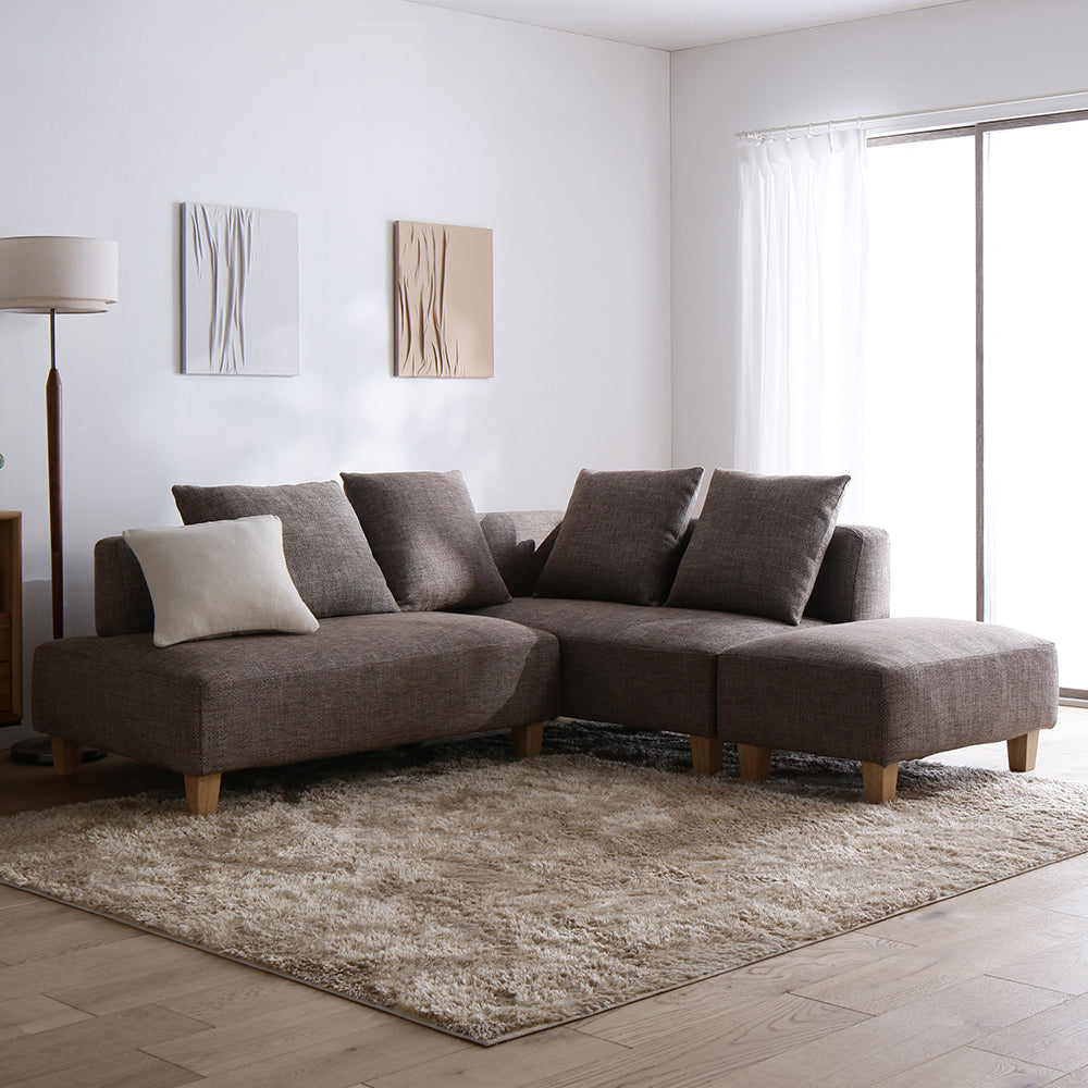 コーナーカウチソファ 『NAXAM ナザム』 2人掛け+カウチソファ+オットマンセット ミックスブラウン