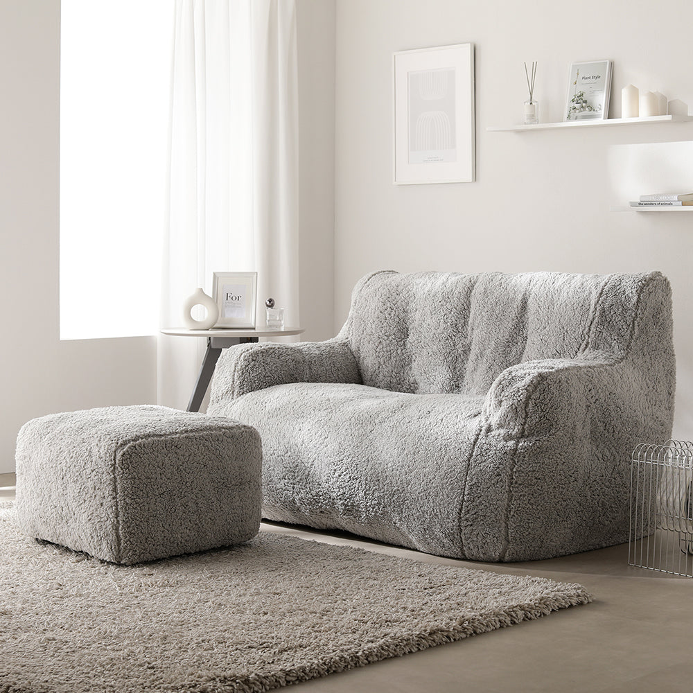 ウレタンクッションソファ 『Cloofy クルーフィ』 2人掛け+オットマンセット もこもこファー生地 グレー