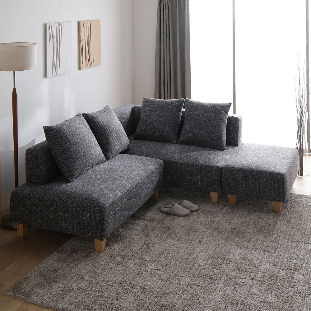 コーナーカウチソファ 『NAXAM ナザム』 2人掛け+カウチソファ+オットマンセット ミックスグレー