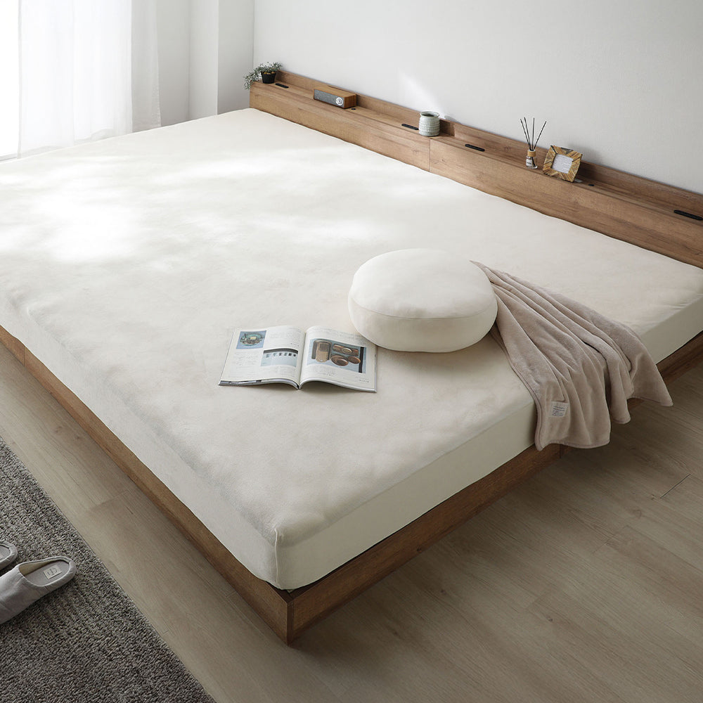 のびのび暖かベロア 寝具セット『Velmoa ベルモア』ボックスシーツ+もっちり丸クッション ワイドキング200~280cm バニラ