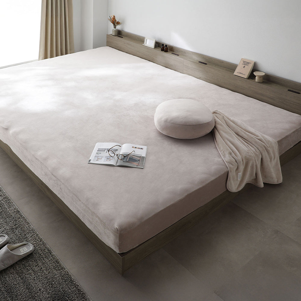 のびのび暖かベロア 寝具セット『Velmoa ベルモア』ボックスシーツ+もっちり丸クッション ワイドキング200~280cm モカグレージュ