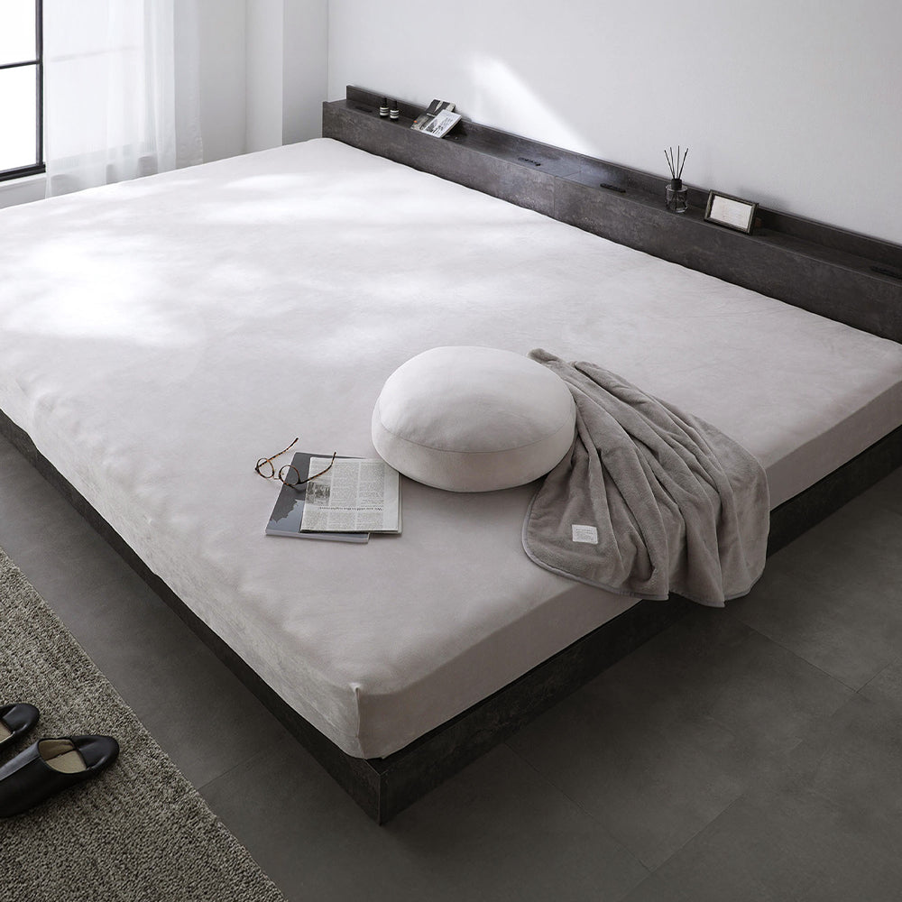 のびのび暖かベロア 寝具セット『Velmoa ベルモア』ボックスシーツ+もっちり丸クッション ワイドキング200~280cm ライトグレー