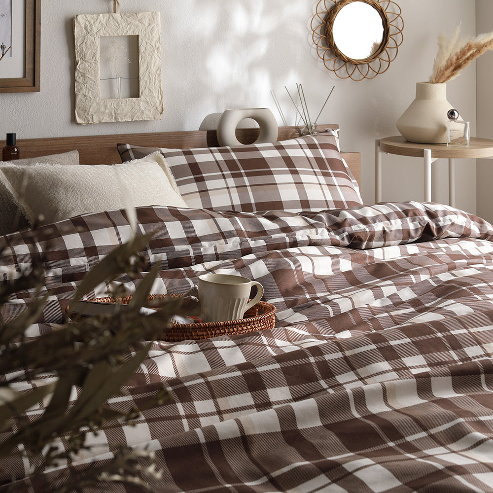 なめらかピーチスキン速乾 掛け布団カバー+枕カバー 2点セット シングル モカチェック