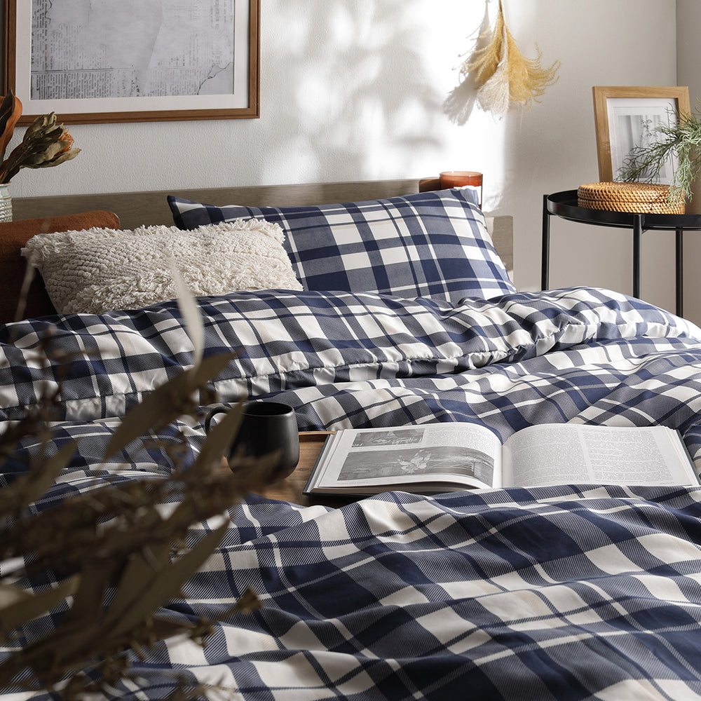 なめらかピーチスキン速乾 掛け布団カバー+枕カバー 2点セット シングル インディゴチェック