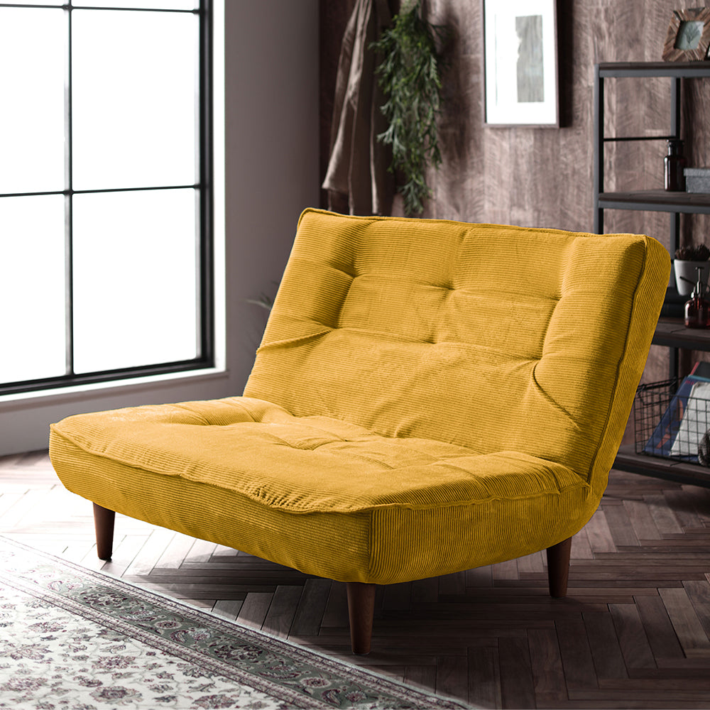 日本製リクライニングハイバックソファ 2人掛け 【ヴィンテージシリーズ】コーデュロイ生地 イエロー 脚部:ブラウン