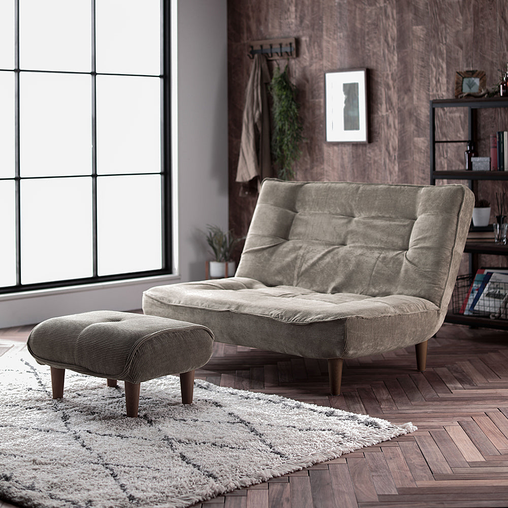 日本製リクライニングハイバックソファ 2人掛け+オットマン 【ヴィンテージシリーズ】コーデュロイ生地 ベージュ 脚部:ブラウン