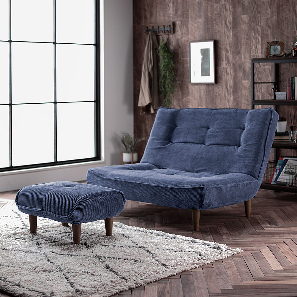 日本製リクライニングハイバックソファ 2人掛け+オットマン 【ヴィンテージシリーズ】コーデュロイ生地 ブルー 脚部:ブラウン