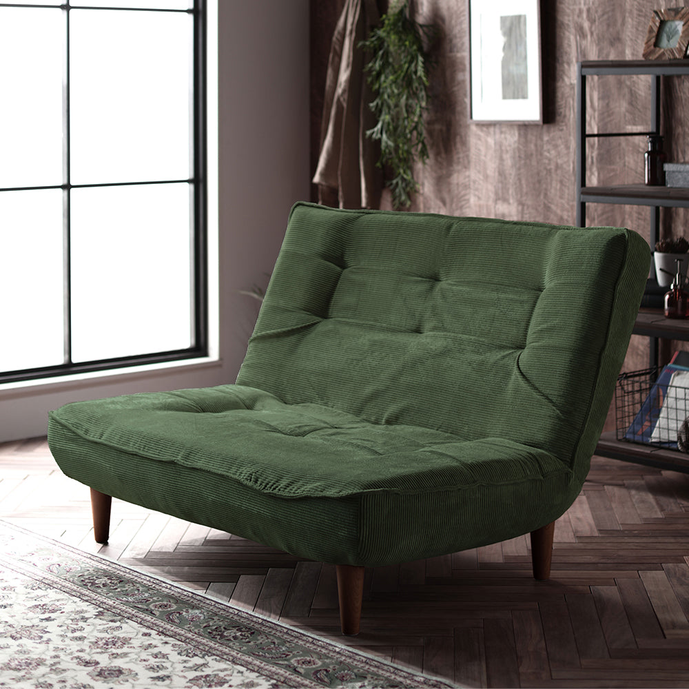 日本製リクライニングハイバックソファ 2人掛け 【ヴィンテージシリーズ】コーデュロイ生地 モスグリーン 脚部:ブラウン