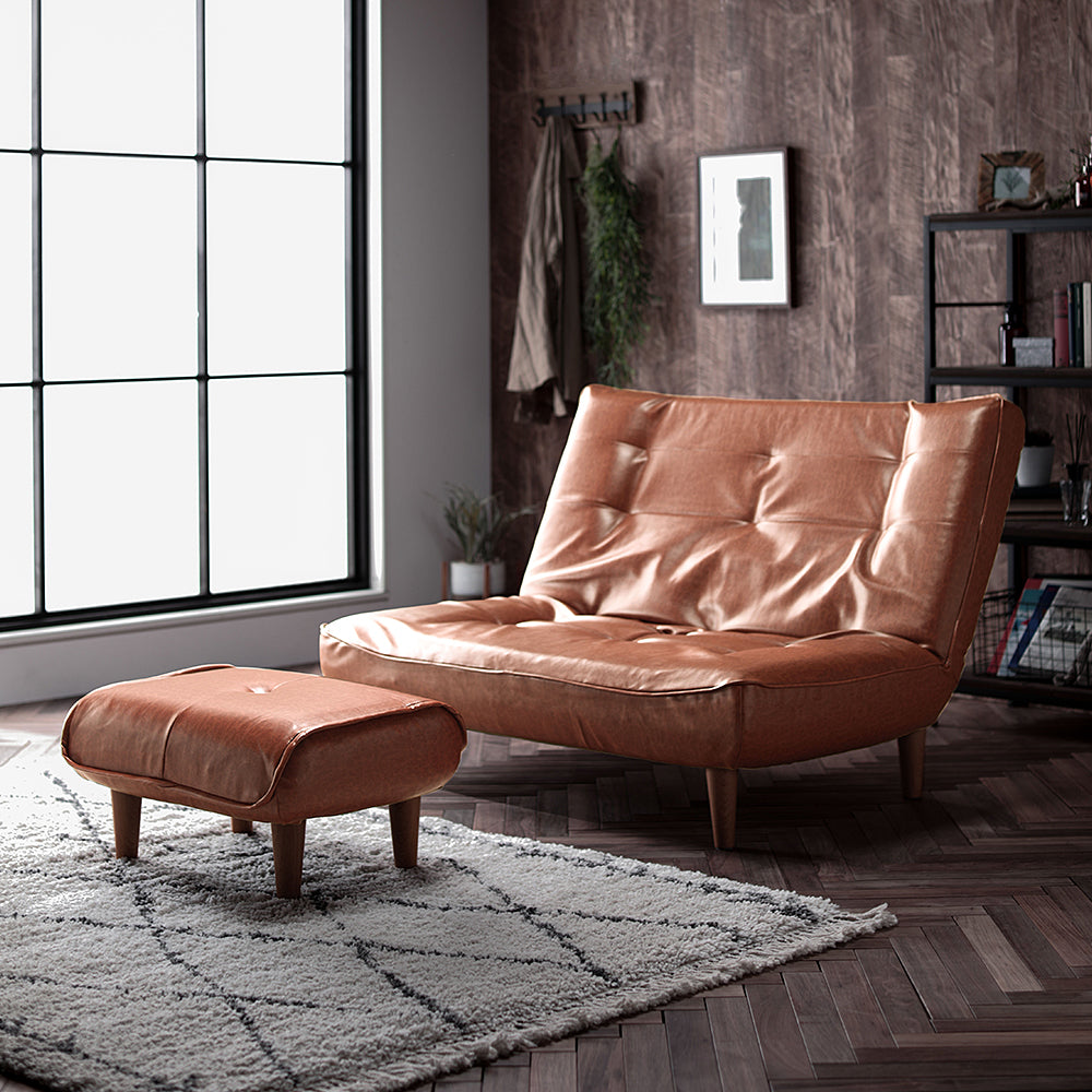 日本製リクライニングハイバックソファ 2人掛け+オットマン 【ヴィンテージシリーズ】コーデュロイ生地 ヴィンテージキャメル 脚部:ブラウン