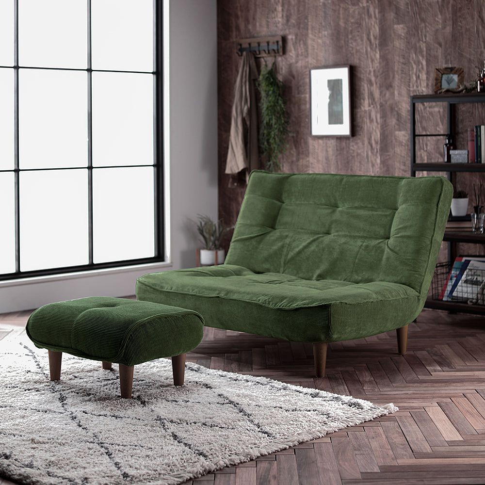 日本製リクライニングハイバックソファ 2人掛け+オットマン 【ヴィンテージシリーズ】コーデュロイ生地 モスグリーン 脚部:ブラウン