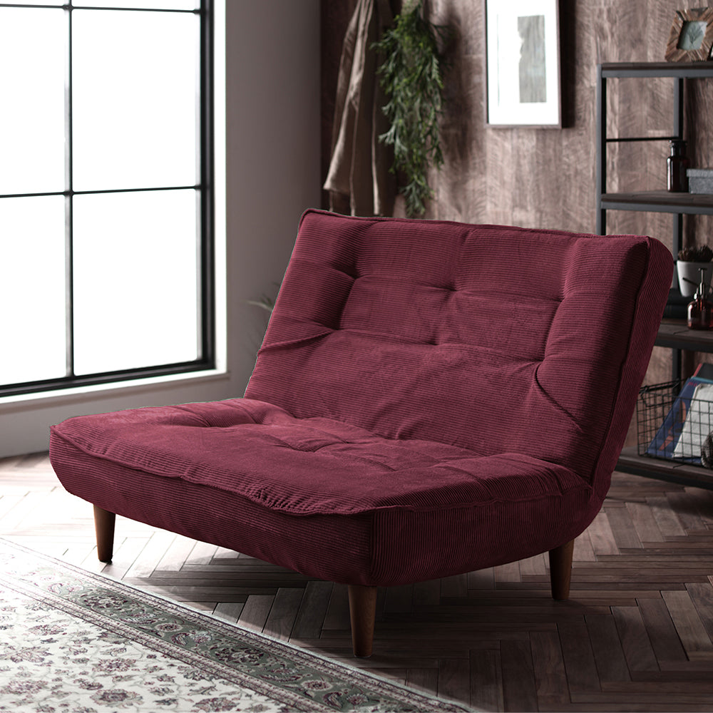 日本製リクライニングハイバックソファ 2人掛け 【ヴィンテージシリーズ】コーデュロイ生地 ワインレッド 脚部:ブラウン