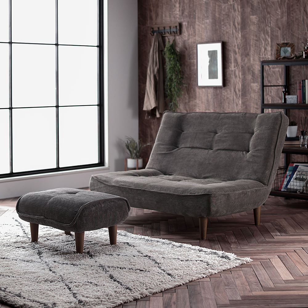 日本製リクライニングハイバックソファ 2人掛け+オットマン 【ヴィンテージシリーズ】コーデュロイ生地 チャコールグレー 脚部:ブラウン