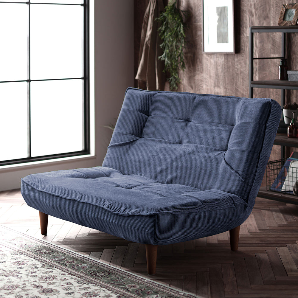 日本製リクライニングハイバックソファ 2人掛け 【ヴィンテージシリーズ】コーデュロイ生地 ブルー 脚部:ブラウン