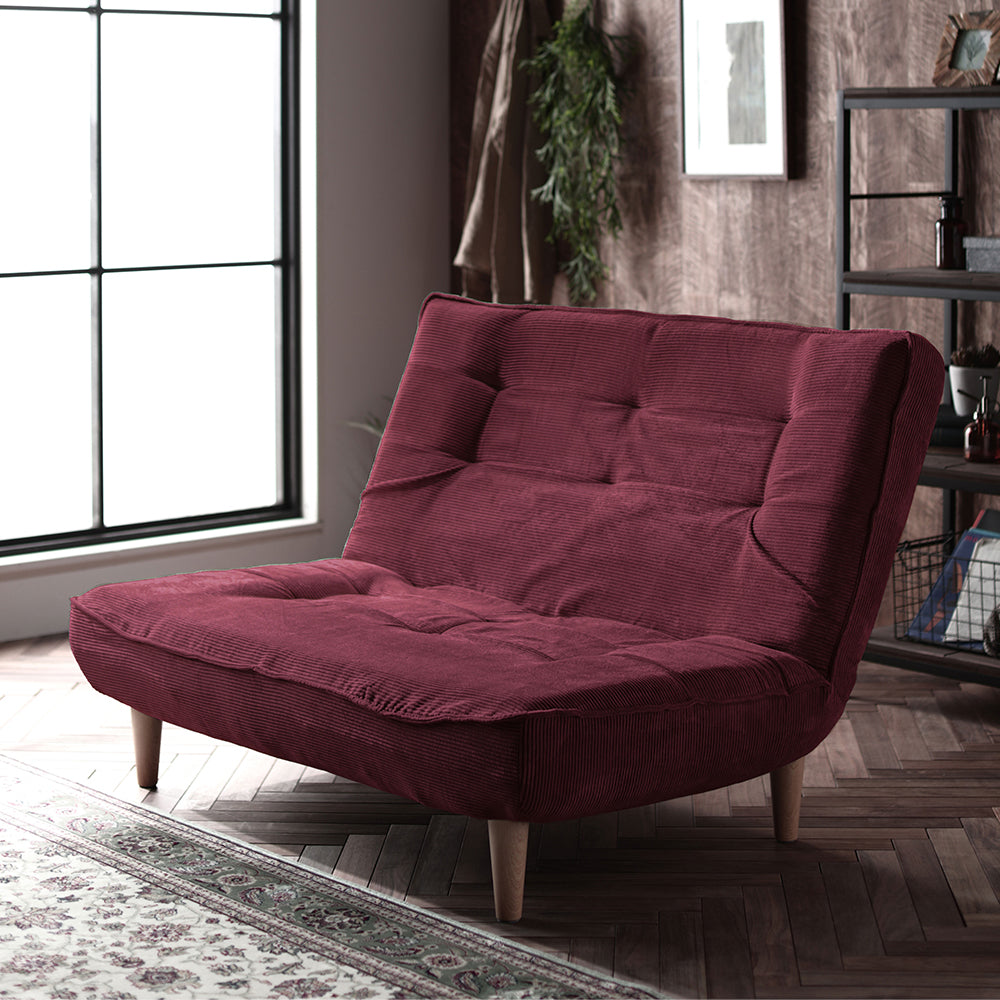 日本製リクライニングハイバックソファ 2人掛け 【ヴィンテージシリーズ】コーデュロイ生地 ワインレッド 脚部:ナチュラル