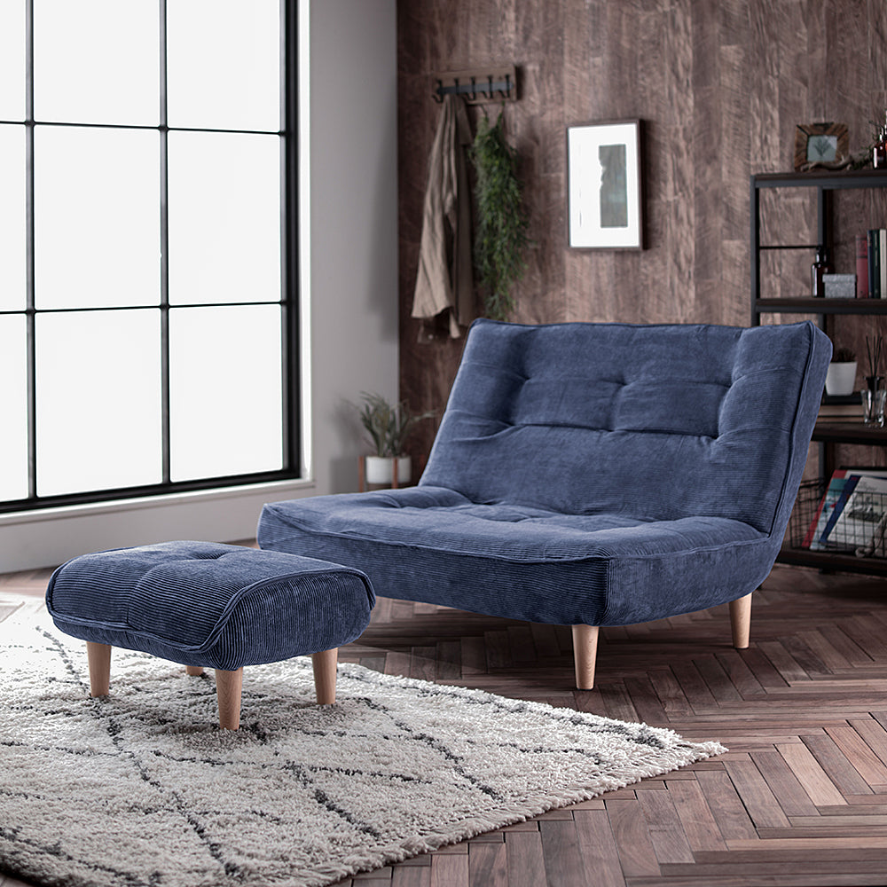 日本製リクライニングハイバックソファ 2人掛け+オットマン 【ヴィンテージシリーズ】コーデュロイ生地 ブルー 脚部:ナチュラル