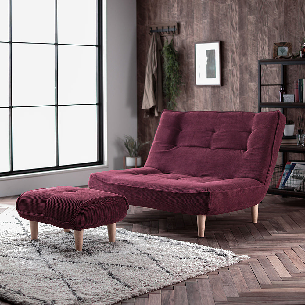 日本製リクライニングハイバックソファ 2人掛け+オットマン 【ヴィンテージシリーズ】コーデュロイ生地 ワインレッド 脚部:ナチュラル