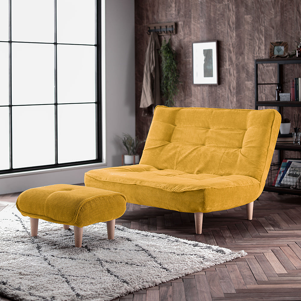 日本製リクライニングハイバックソファ 2人掛け+オットマン 【ヴィンテージシリーズ】コーデュロイ生地 イエロー 脚部:ナチュラル