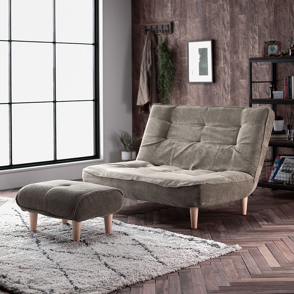 日本製リクライニングハイバックソファ 2人掛け+オットマン 【ヴィンテージシリーズ】コーデュロイ生地 ベージュ 脚部:ナチュラル