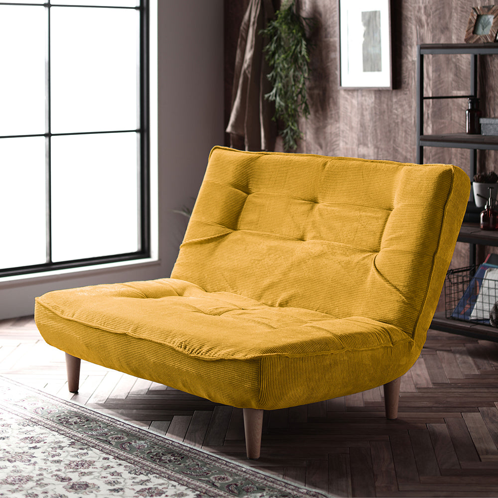 日本製リクライニングハイバックソファ 2人掛け 【ヴィンテージシリーズ】コーデュロイ生地 イエロー 脚部:ナチュラル