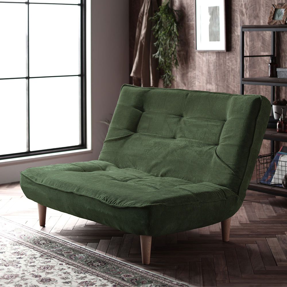 日本製リクライニングハイバックソファ 2人掛け 【ヴィンテージシリーズ】コーデュロイ生地 モスグリーン 脚部:ナチュラル