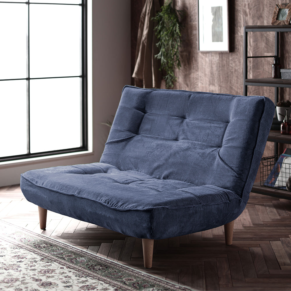 日本製リクライニングハイバックソファ 2人掛け 【ヴィンテージシリーズ】コーデュロイ生地 ブルー 脚部:ナチュラル