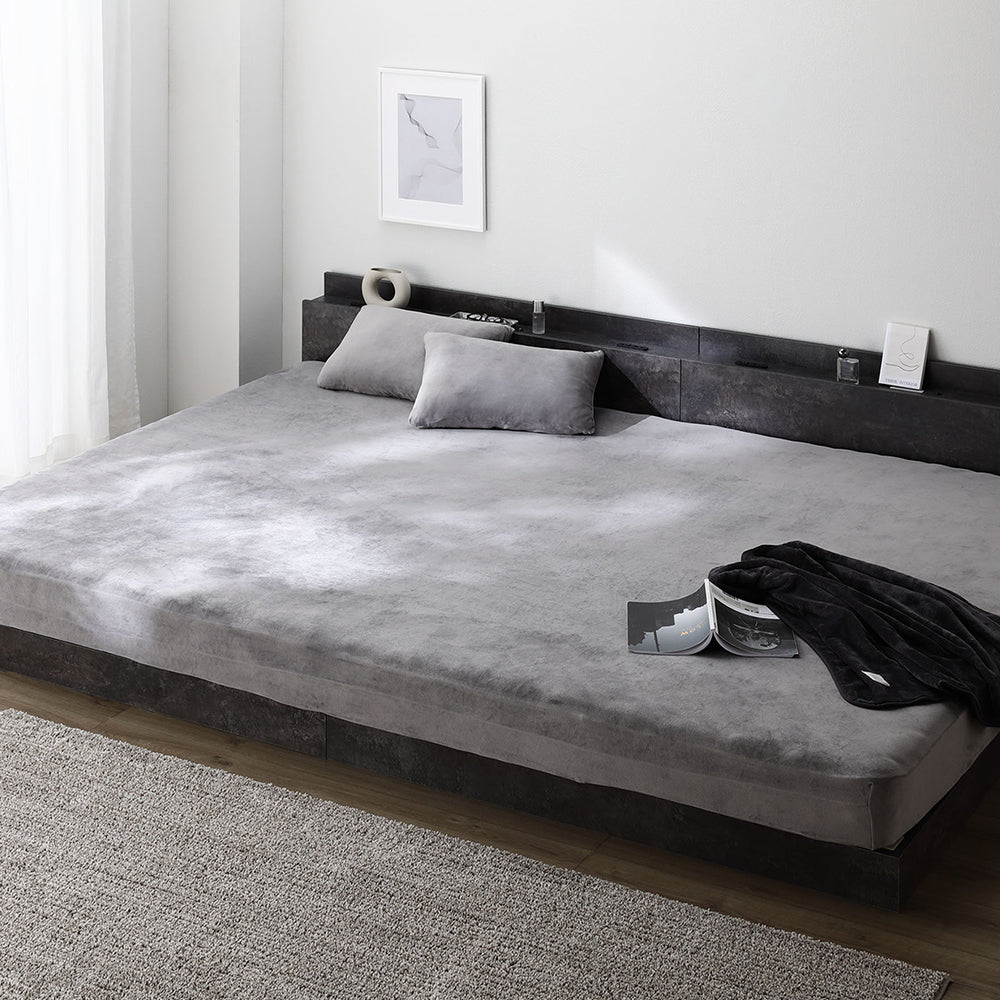 のびのび暖かベロア 寝具セット『Velmoa ベルモア』ボックスシーツ+枕カバー ワイドキング200~280cm チャコールグレー