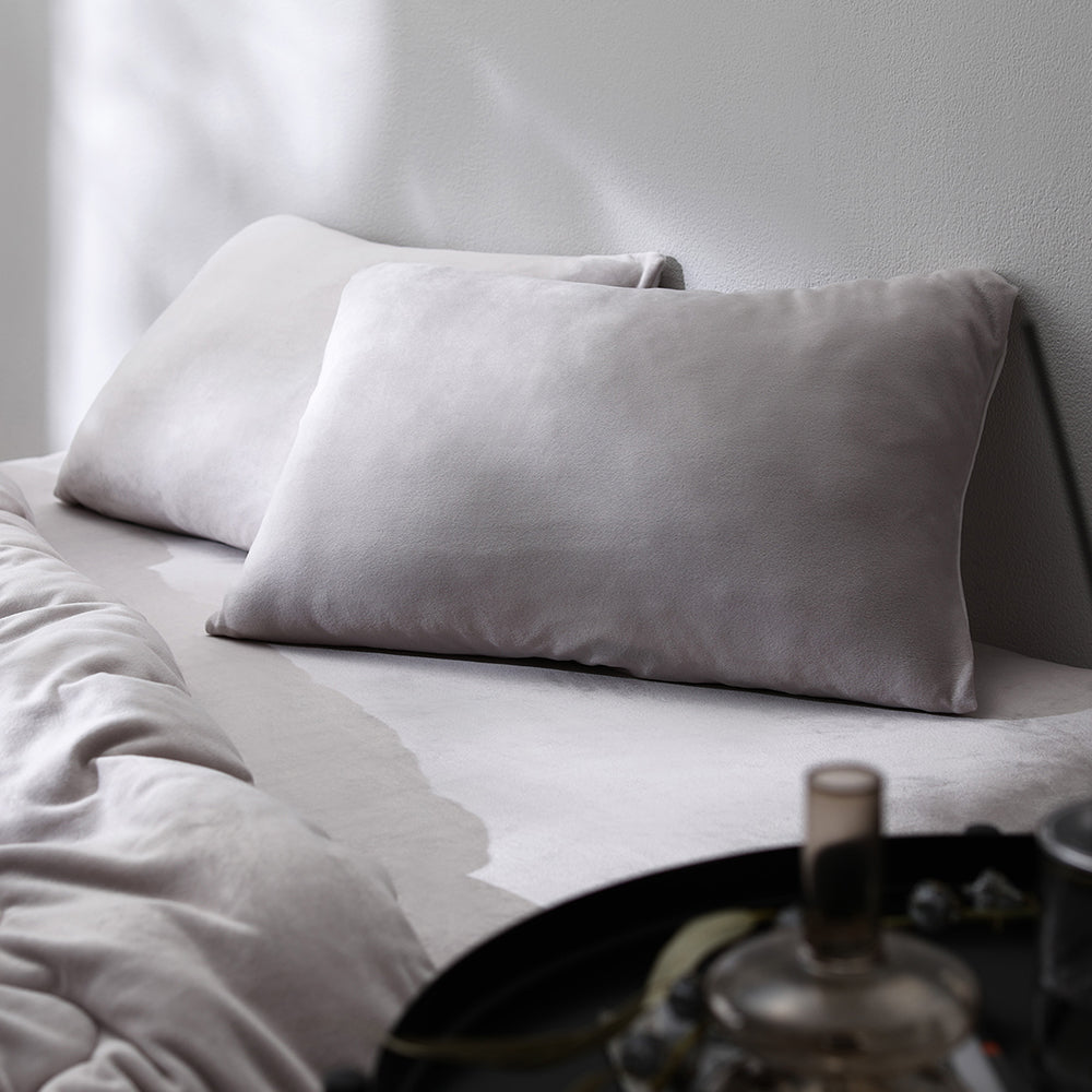 のびのび暖かベロア 寝具セット『Velmoa ベルモア』ボックスシーツ+枕カバー ショート丈セミシングル~キング ライトグレー