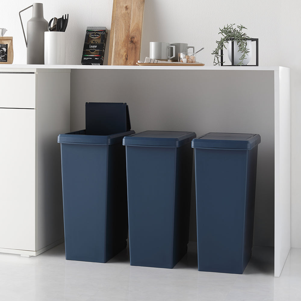 【日本製】サイズが選べる 棚下にも収納できる スライドオープン式 ごみ箱 30L 3個組 ナイトブルー