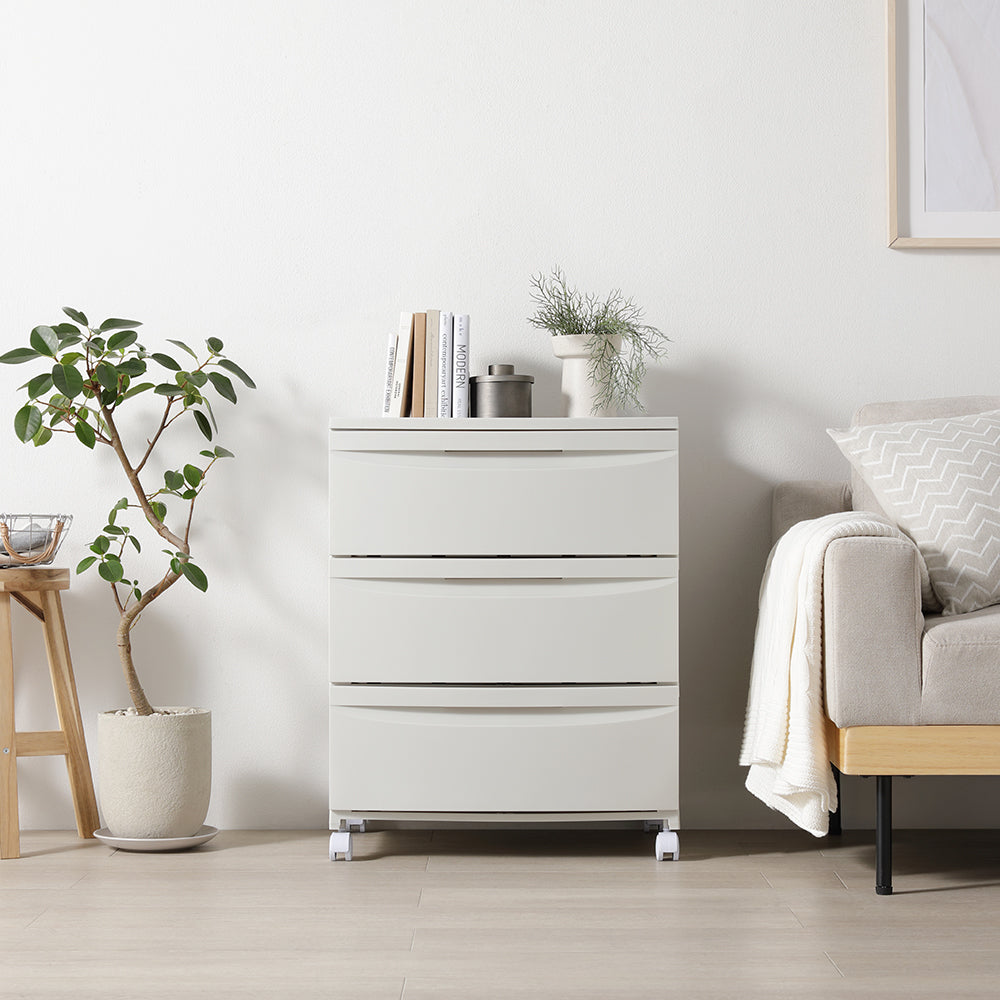 シンプルデザインチェスト プラスチック製 日本製 ワイド3段 ミルクティーベージュ