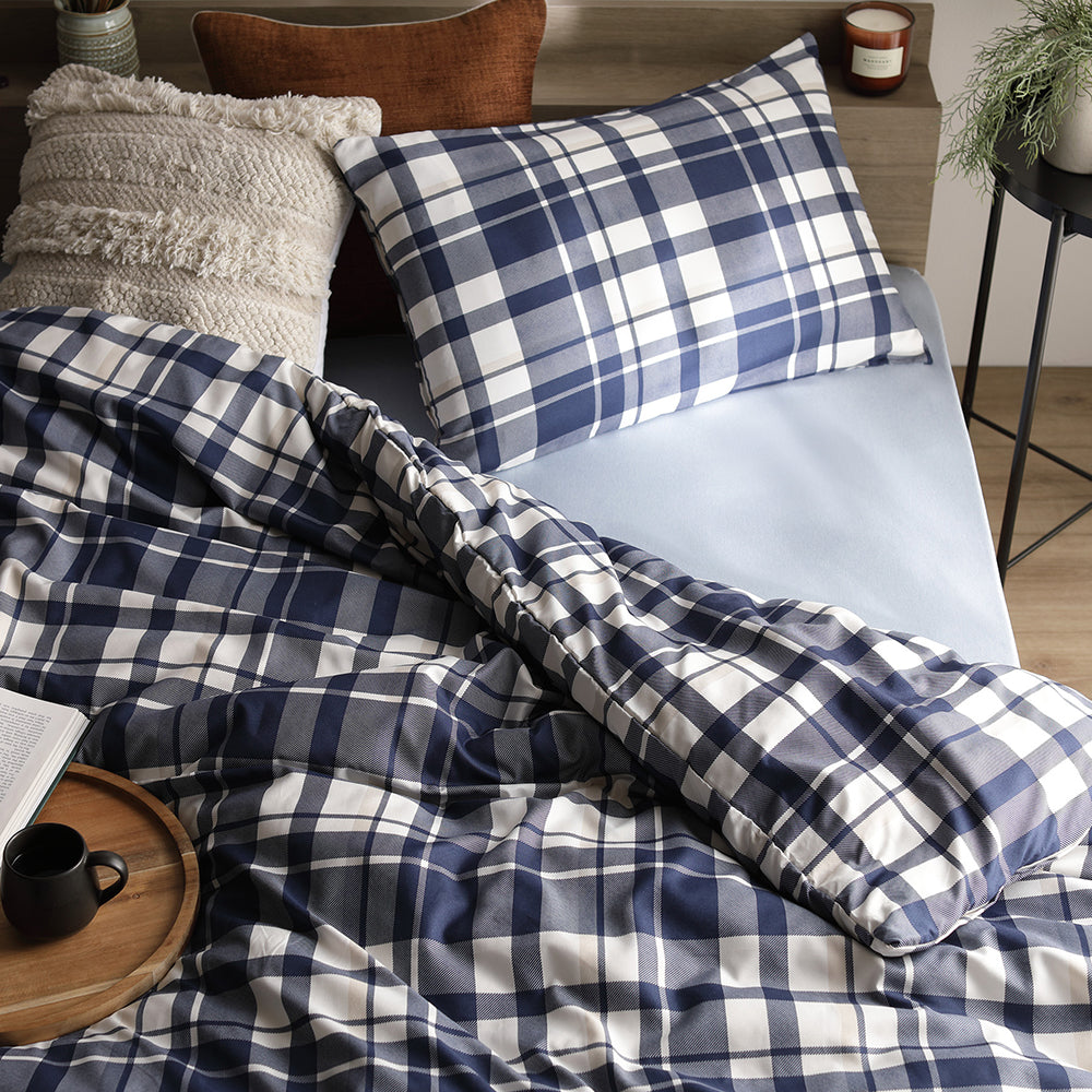 なめらかピーチスキン速乾 マットレス用カバー 3点セット シングル インディゴチェック