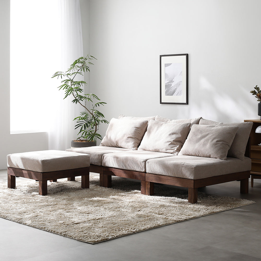 あぐらがかけるユニットソファ『Sven スヴェン』3人掛けソファ+オットマン アイボリー