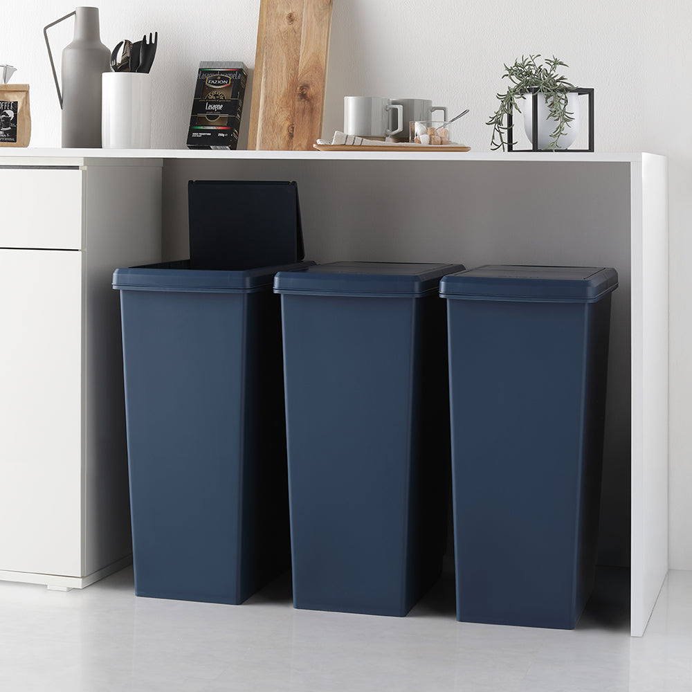 【日本製】サイズが選べる 棚下にも収納できる スライドオープン式 ごみ箱 45L 3個組 ナイトブルー