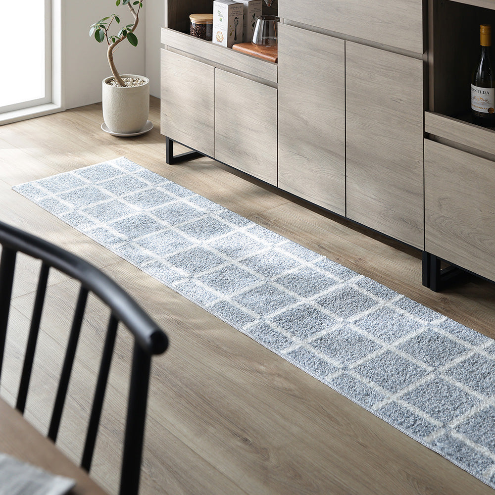 国産 洗濯機で洗える デザインラグ(軽量・防ダニ・アレルブロック) 約45×180cm/45×240cm ブルー