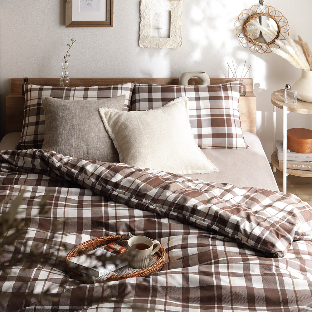 なめらかピーチスキン速乾 マットレス用カバー 4点セット ダブル モカチェック