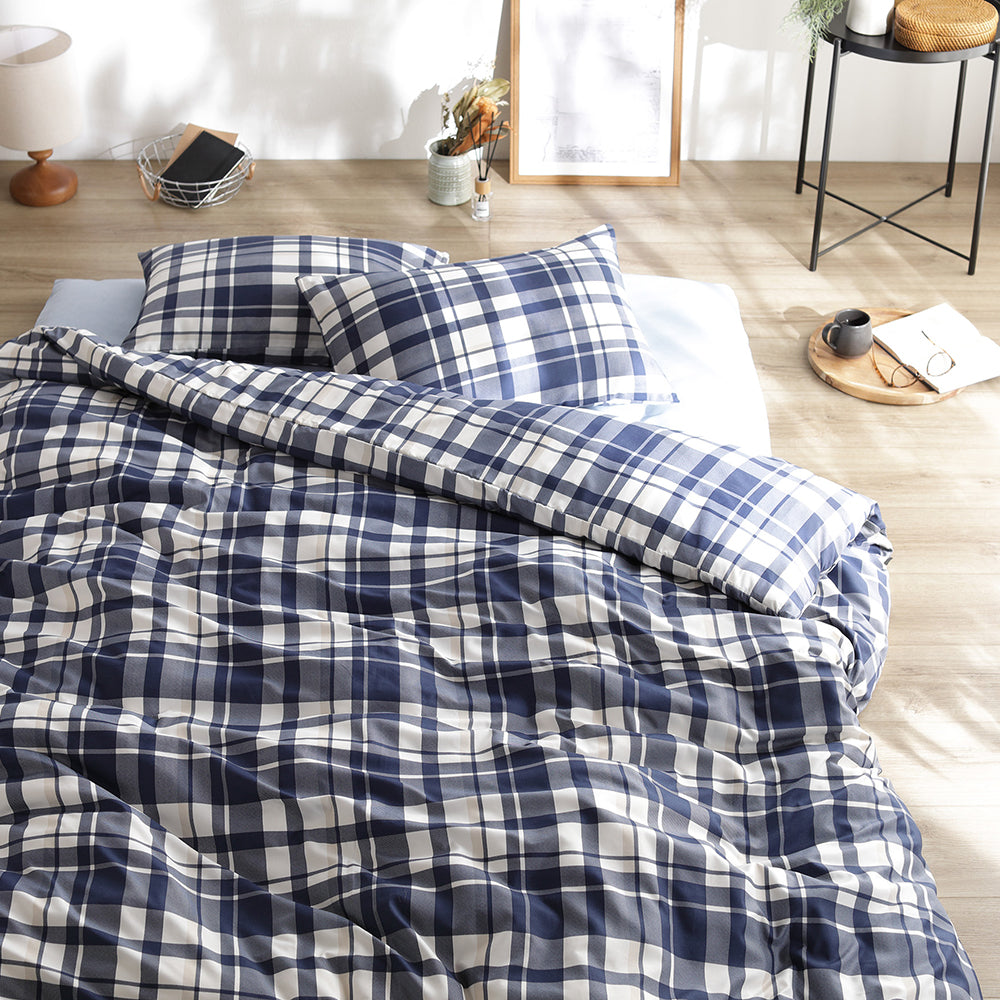 なめらかピーチスキン速乾 敷き布団用カバー 4点セット ダブル インディゴチェック