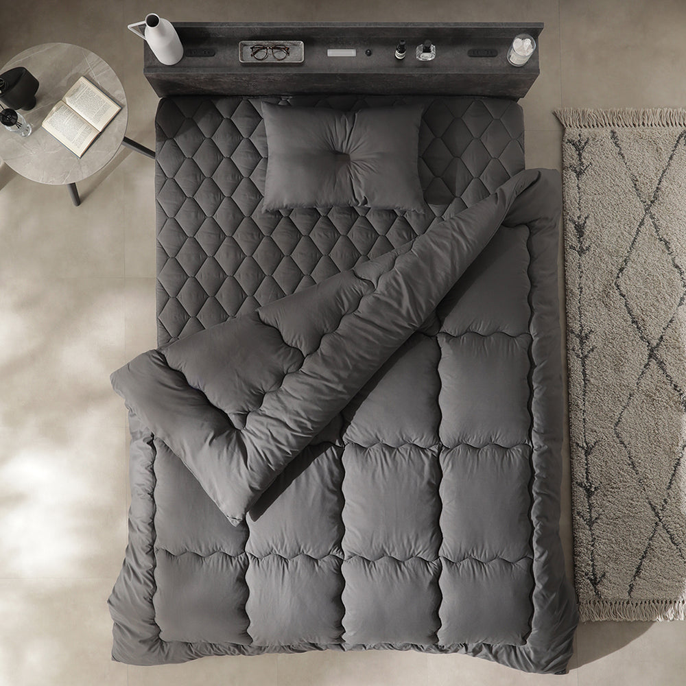 ピーチスキン すぐに使える布団セット 『umowell ウモウェル』 掛け布団+枕+ボックスシーツ+収納ケース シングル・セミダブル チャコールグレー