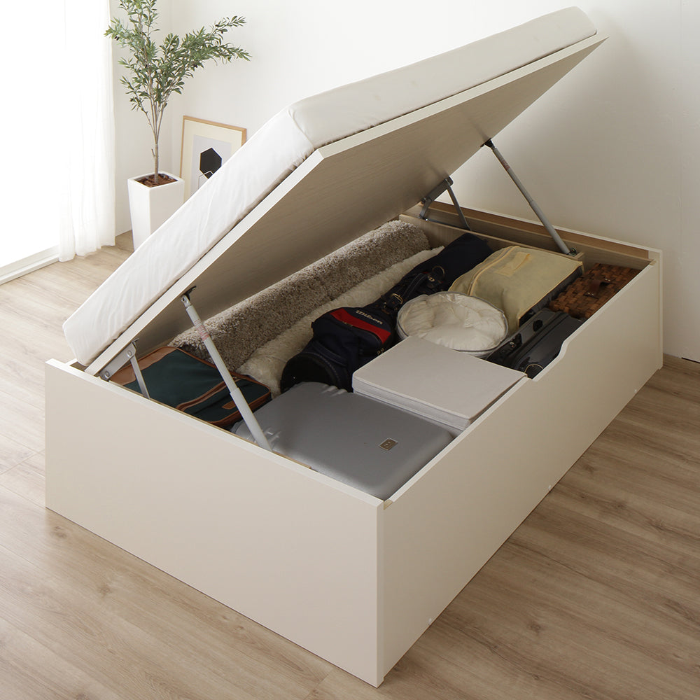 ガス圧跳ね上げベッド(ヘッドレス・横開き) ショート丈 アイボリー ハイタイプ