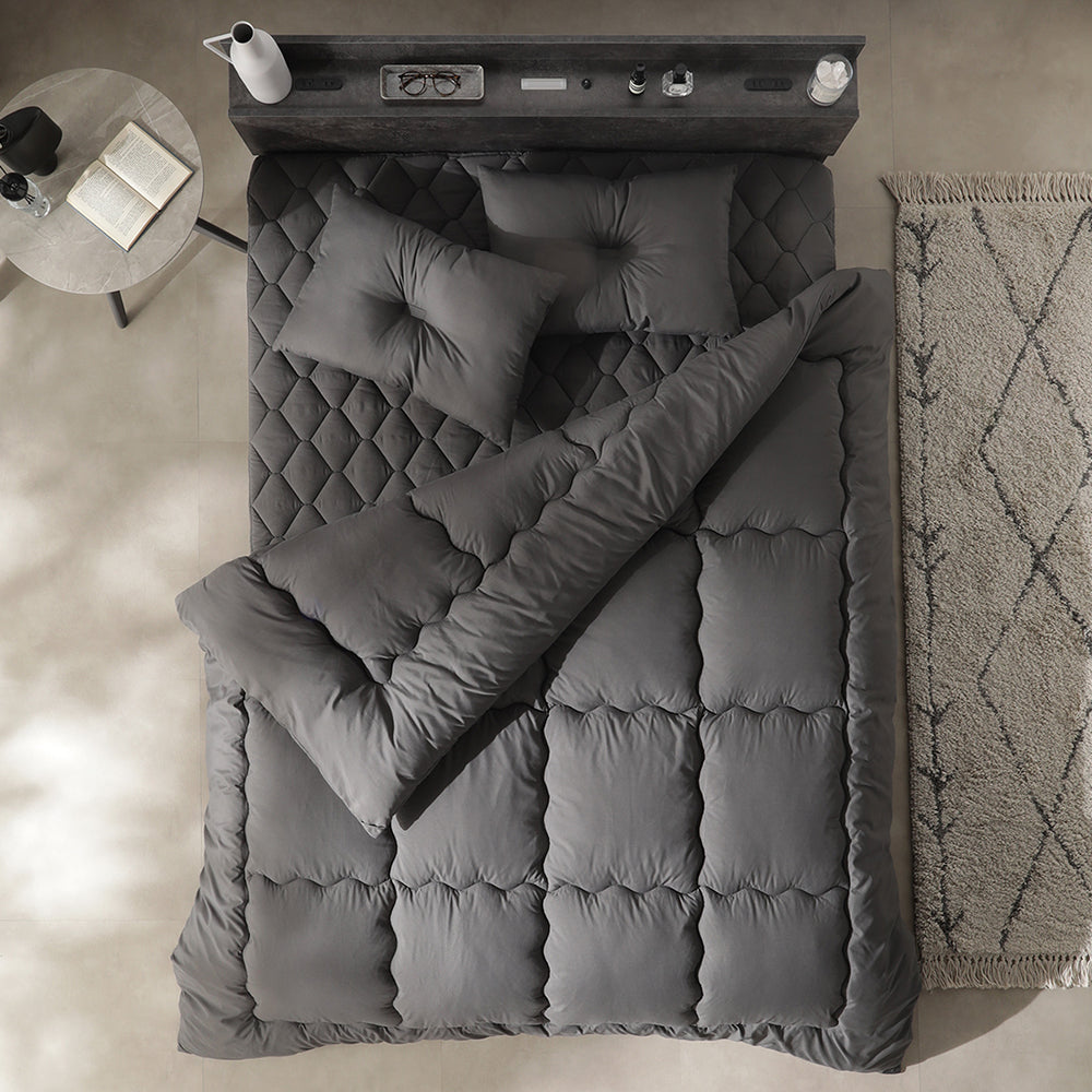 ピーチスキン すぐに使える布団セット 『umowell ウモウェル』 掛け布団+枕+ボックスシーツ+収納ケース ダブル・ワイドキング200cm チャコールグレー