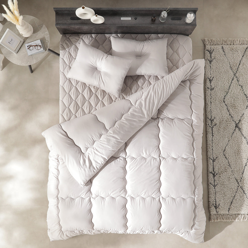 ピーチスキン すぐに使える布団セット 『umowell ウモウェル』 掛け布団+枕+ボックスシーツ+収納ケース ダブル・ワイドキング200cm グレージュ