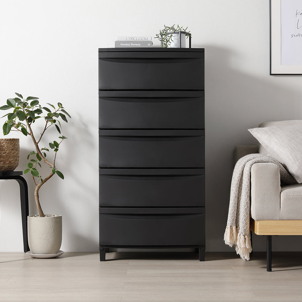 シンプルデザインチェスト プラスチック製 日本製 ワイド5段 ダークグレー