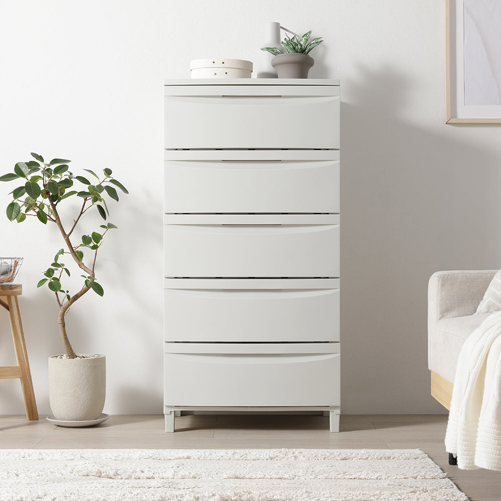 シンプルデザインチェスト プラスチック製 日本製 ワイド5段 ミルクティーベージュ