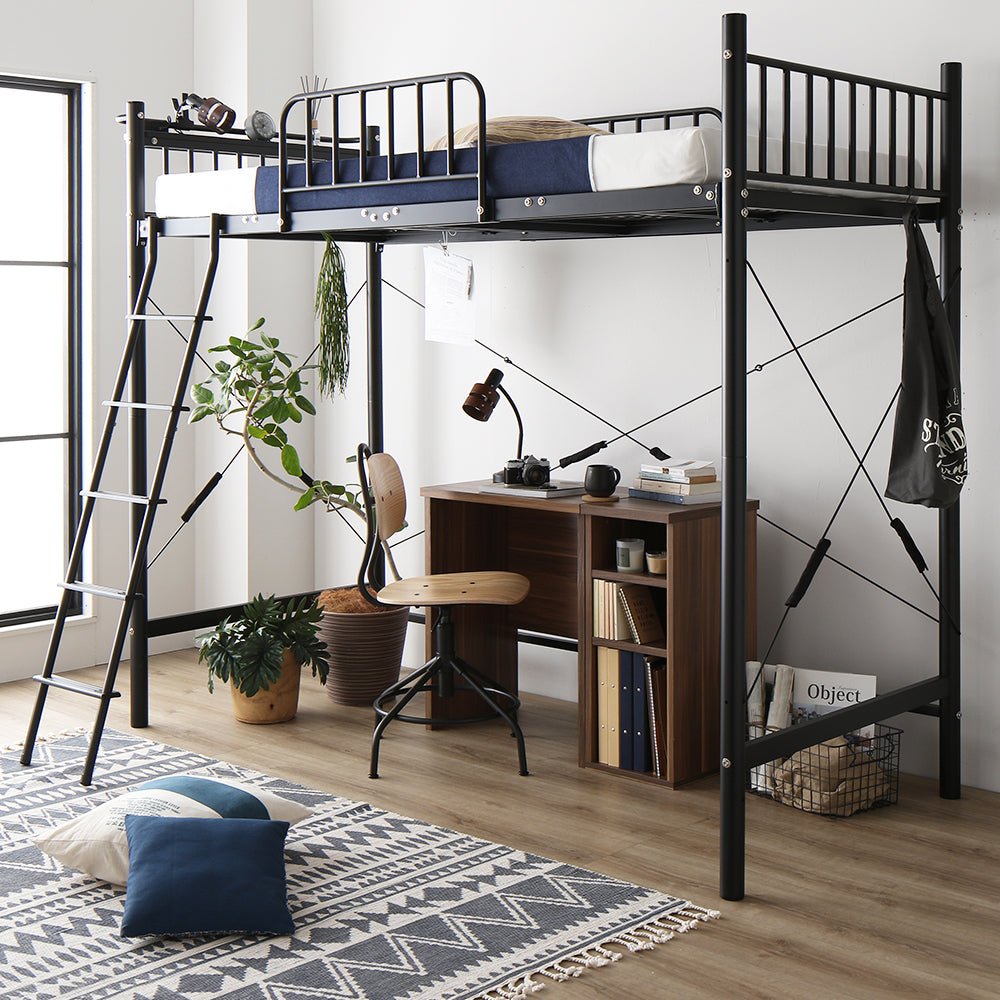 デスク・ラック付きも選べる ロフトベッド・ブラック・デスク幅60cm+ラック