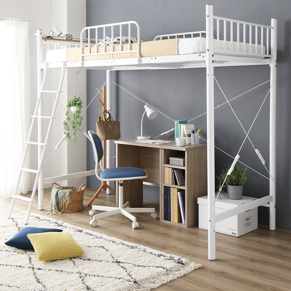 デスク・ラック付きも選べる ロフトベッド・ホワイト・デスク幅60cm+ラック