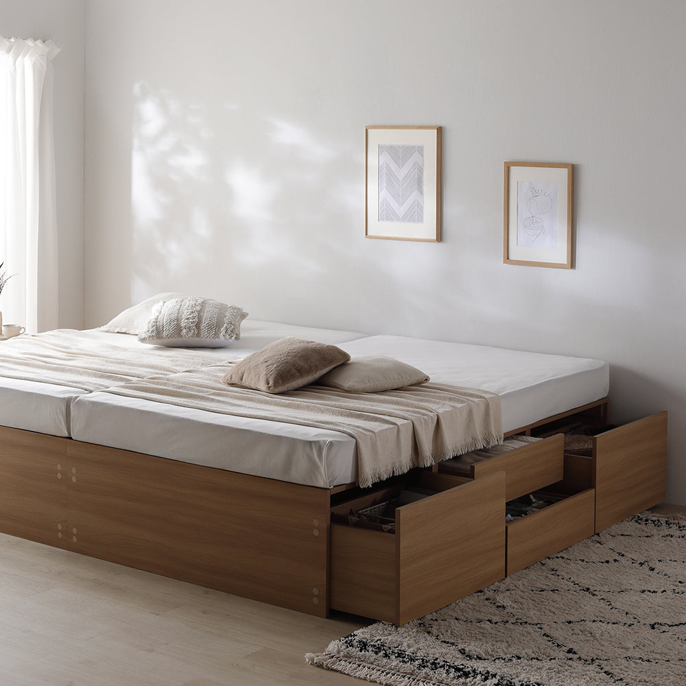 引き出し4杯大容量ベッド ヘッドレスタイプ『Slekt スレクト』連結サイズ ナチュラル