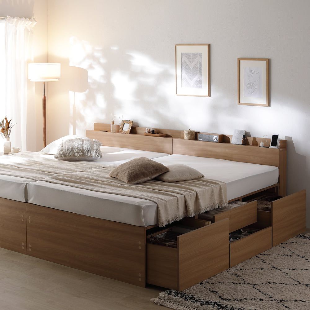 引き出し4杯大容量ベッド 宮付きタイプ『Slektia スレクティア』連結サイズ ナチュラル