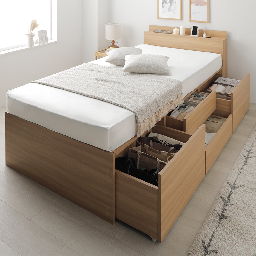 引き出し4杯大容量ベッド 宮付きタイプ『Slektia スレクティア』 ナチュラル